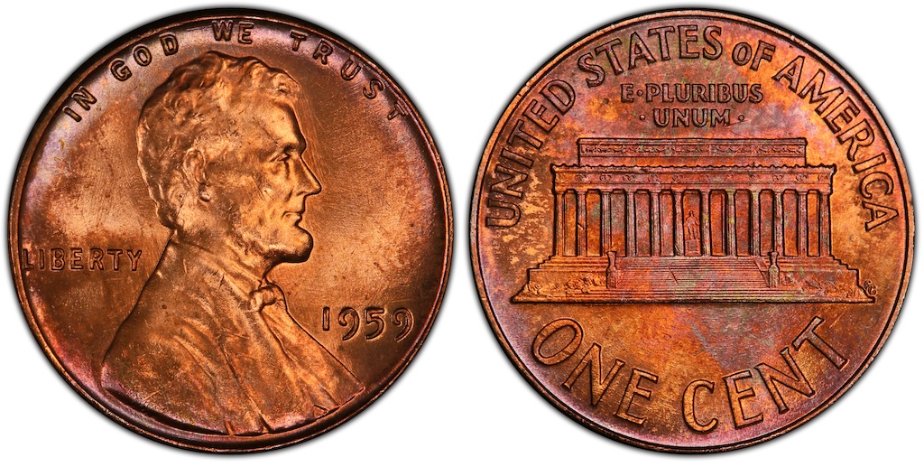 1959 penny grading strip showing four coins from worn to gem uncirculated condition